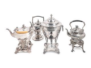 Three Silverplate Kettles on Stands and a Regency Style Silverplate Tea Urn
Height of largest 16 1/2 inches.