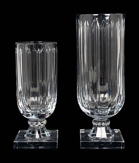 Two William Yeoward Glass Vases
Heights 14 1/2 and 11 1/2 inches; diameters 5 3/8 and 4 3/4 inches.
