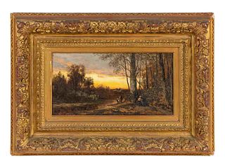 A. Gins
(Continental, 19th Century)
Figures in a Landscape at Sunset