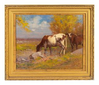 Albion Harris Bicknell 
(American, 1837-1915)
Two Cows in an Autumn Landscape