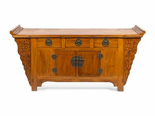 A Chinese Elmwood Altar Coffer Cabinet
Height 34 1/2 x width 71 x depth 18 1/4 inches.