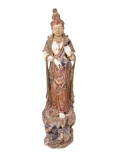 A Chinese Carved and Polychromed Wood Figure of Guanyin
LATE 19TH / EARLY 20TH CENTURY
Height 51 inches.