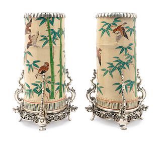 A Pair of Japonisme Silvered-Metal-Mounted Earthenware Vases
Height 13 1/2 inches.