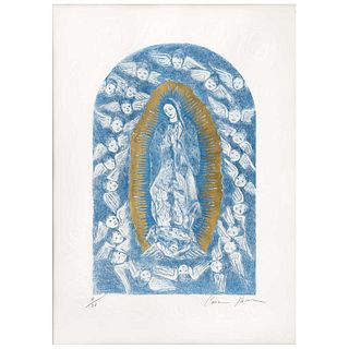 CARMEN PARRA, Virgen de Guadalupe, 2019, Signed, Etching and aquatint, embossed with gold leaf 8 / 30, 19.6 x 28.7" (50 x 73 cm), Document