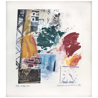 ROBERT RAUSCHENBERG, Untitled, For Mexico, Signed and dated 84, Serigraph without print number, 18.8 x 20.4" (48 x 52 cm)