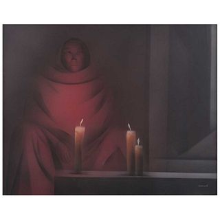 LEÓN BELAUNZARÁN, Mujer con velas, Signed, Oil on canvas, 47.2 x 59" (120 x 150 cm)