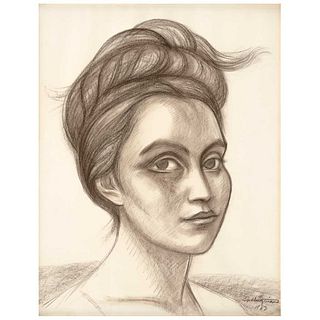 RAÚL ANGUIANO, La muchacha de los ojos grandes, Signed and dated 1963, Charcoal and sanguine on paper, 28.5 x 22.6" (72.5 x 57.5 cm)