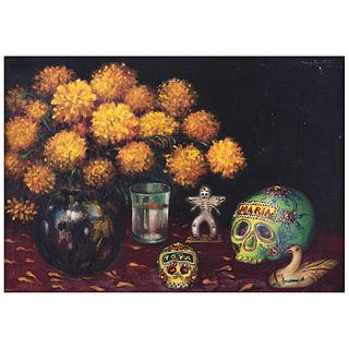 DESIDERIO HERNÁNDEZ XOCHITIOTZIN, Ofrenda, Signed and dated 1951 on front, Signed on back, Oil on canvas, 16.6 x 23.6" (42.4 x 60 cm)