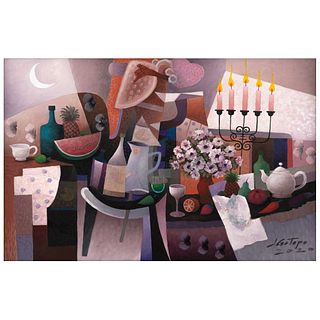 JOSÉ GOTOPO, Bachata rosa con luna, sandía y cafetera, Signed and dated 2020 front and back, Acrylic/canvas, 28.7 x 43.8" (73 x 111.5 cm), Certificate