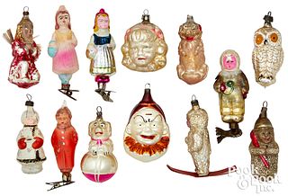 Thirteen figural glass Christmas ornaments