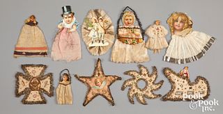 Scrap, tinsel and cotton Christmas ornaments
