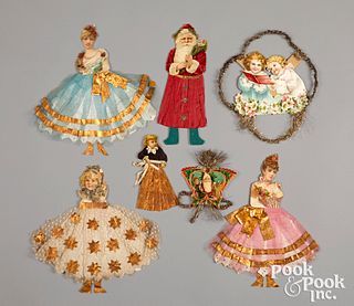 Seven Victorian scrap Christmas ornaments