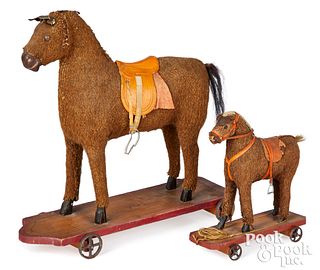 Two German mohair horse on platform pull toys