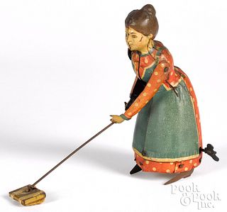 German tin wind-up Busy Lizzy sweeping toy