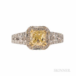 18kt Gold and Colored Diamond Solitaire, prong-set with a radiant-cut yellow diamond weighing approx. 1.04 cts., further set with full-