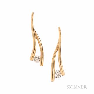 14kt Gold and Diamond Earrings, set with full-cut diamonds, approx. total wt. 0.90 cts., 3.9 dwt, lg. 1 1/2 in.