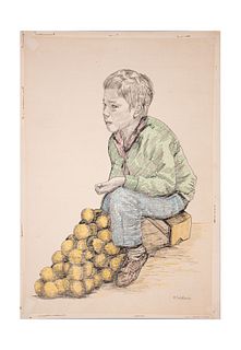 S.CALDERÓN. Niño con naranjas Firmado al frente Dibujo con lápices de color sobre papel Sin enmarcar 63 x 44 cm