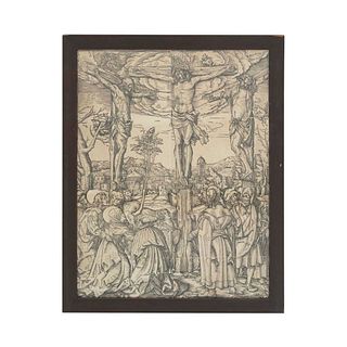 Anónimo. La crucifixión en el Monte Gólgota. Escuela flamenca. Grabado. Enmarcado. 84 x 65 cm
