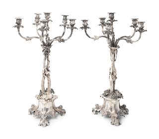 A Pair of Victorian Silverplate Five-Light Candelabra 
Height 26 1/2 x width 18 inches.