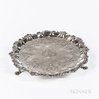 George II Sterling Silver Salver, London, 1749-50, William Peaston, maker, with engraved coat of arms and later Victorian chasing, dia.