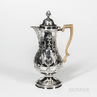 George III Irish Sterling Silver Coffeepot, Dublin, late 18th/early 19th century, lacking date mark, Joseph Jackson, maker, with chased