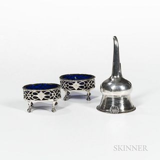 Three Pieces of Georgian Sterling Silver Tableware, each with engraved armorial, two salt cellars with cobalt glass liners, c. 1759, by