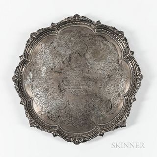 Victorian Sterling Silver Salver, Sheffield, 1864-65, Martin Hall Co., maker, with registry mark, with an engraved presentation inscrip