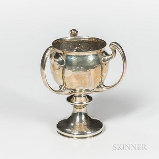 Edward VII Irish Sterling Silver Three-handled Goblet, Dublin, 1902-03, Elkington & Co. Ltd., maker, with a hammered finish throughout,
