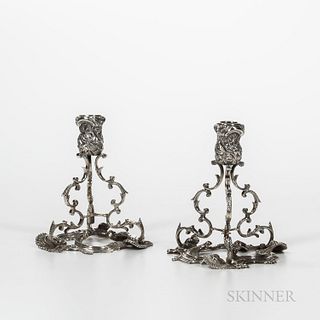 Pair of Irish Sterling Silver Candlesticks, Dublin, 1970-71, Royal Irish Silver Co., also marked "S.C.&L. Co.," each sconce with grapev
