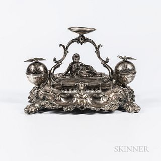 Continental Silver Inkwell, 19th century, unmarked, lg. 10 1/2 in., approx. 19.7 troy oz.