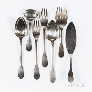 Seven French Sterling Silver Serving Pieces, 20th century, marked for both Christofle and Cardeilhac, comprised of two cold meat forks,