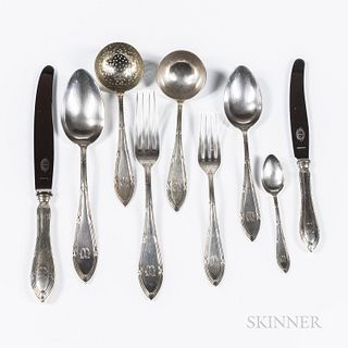 Swedish Silver Flatware Service, c. 1912, C.F. Carlman, maker, monogrammed, comprised of fourteen dinner forks, eleven luncheon forks,