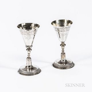 Two Russian Silver Goblets, Moscow, c. 1729, Nikifor Timofaev, maker, with a tapered bell-shaped bowl engraved with a monogram, ht. to