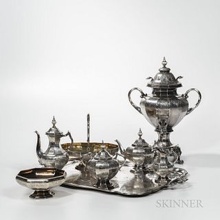 Eight-piece Russian .875 Silver Tea and Coffee Service, Moscow, c. 1868, Pavel Ovchinnikov, maker, Viktor Savinkov, assayer, monogramme