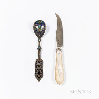 Two Pieces of Russian .875 Silver Flatware, a plique-a-jour spoon with indistinct hallmarks, lg. 5 3/4, and a mother-of-pearl-handled k