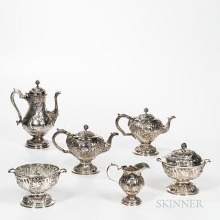 Samuel Kirk .917 Silver Tea and Coffee Service, Baltimore, c. 1830, each repousse chased throughout with floral sprays centering a cart