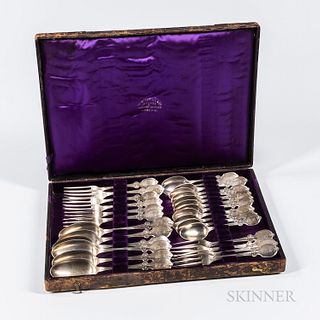 Boxed Set of Albert Coles Coin Silver Flatware, New York, c. 1840, monogrammed, comprised of twelve teaspoons, ten forks, and six dinne