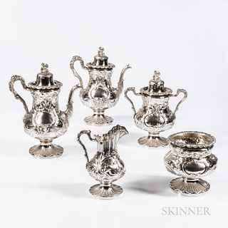 Five-piece George Sharp Coin Silver Tea and Coffee Service, Philadelphia, mid-19th century, Bailey & Co., retailer, with allover chased
