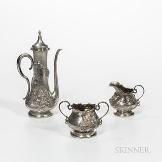 Three-piece George Shiebler Sterling Silver Coffee Service, New York, c. 1900, monogrammed, in the Art Nouveau style, coffeepot, creame