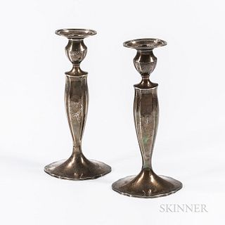 Pair of Sterling Silver Candlesticks, c. 1910, Tiffany & Co., retailer, monogrammed and with engraved date, weighted, ht. 10 3/8 in.