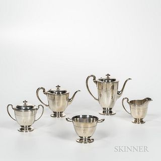 Five-piece Tiffany & Co. Sterling Silver Tea and Coffee Service, New York, 1907-38, monogrammed, comprised of a coffeepot, teapot, cove