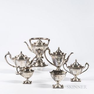 Six-piece Sterling Silver Tea and Coffee Service, 20th century, lacking maker's marks, monogrammed, comprised of a kettle-on-stand with
