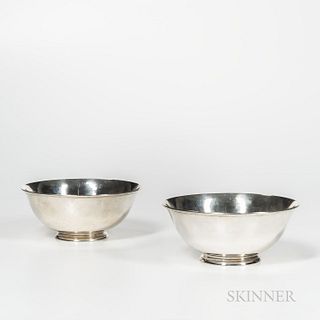 Two Arthur Stone Arts and Crafts Sterling Silver Bowls, Massachusetts, c. 1925, Earle H. Underwood, craftsman, each with an inscription