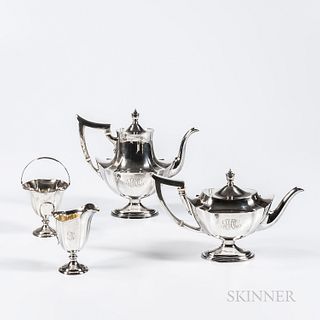 Assembled Four-piece Sterling Silver Tea and Coffee Service, monogrammed, two Gorham: coffeepot and teapot, and a matching Frank Smith