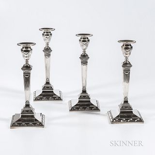 Four Tiffany & Co. Sterling Silver Candlesticks, New York, 1907-38, weighted, Frenton & Creswick reproduction of 1782 original, ht. 12