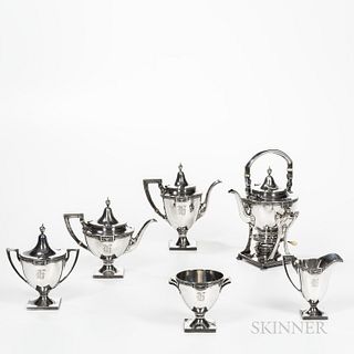 Six-piece Gorham Sterling Silver Tea and Coffee Service, Providence, 20th century, monogrammed, comprised of a kettle-on-stand with bur