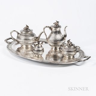 Five-piece Mexican Sterling Silver Tea and Coffee Service, mid-20th century, only teapot and coffeepot marked, maker's mark "Viguera,"