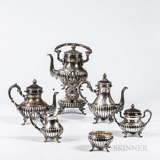 Six-piece Camusso Sterling Silver Tea and Coffee Service, Peru, mid to late 20th century, comprised of a kettle-on-stand with burner, c