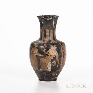Ancient Campanian Red-figured Trefoil Oinochoe, c. 350 B.C., depicting a bride and her attendant, ht. 12 5/8 in.