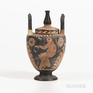 Ancient Campanian Red-figured Lebes Gemikos with Cover, c. 350-320 B.C., painted with a young woman and man meant for a marriage ceremo